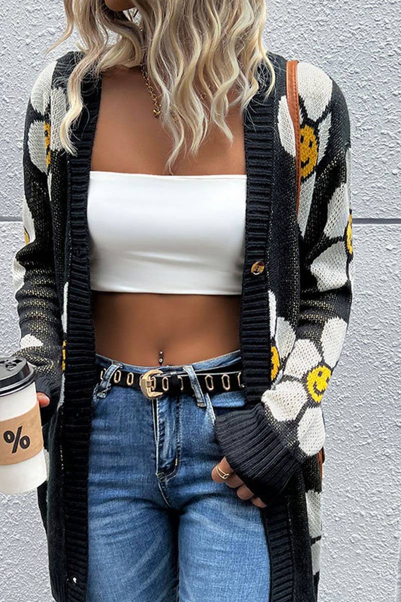 CWOSWL6813_FASHIONABLE FLORAL MID-LENGTH CARDIGAN