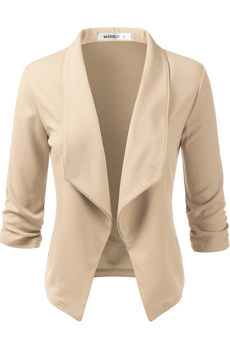CWOBL091_Casual Work Ruched 3/4 Slv Open Front Blazer Jacket