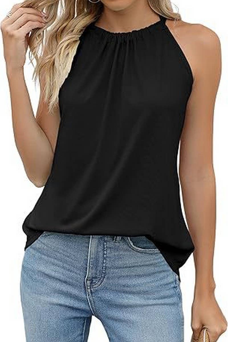 CWTBLSL0909_CASUAL SOLID RUCHED TIE NECK SLEEVELESS TOP