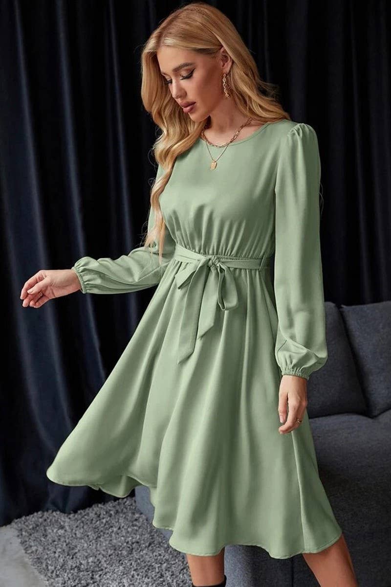 CWDMD5771_BALLOON SLEEVE KEYHOLE TIE BACK SATIN DRESS