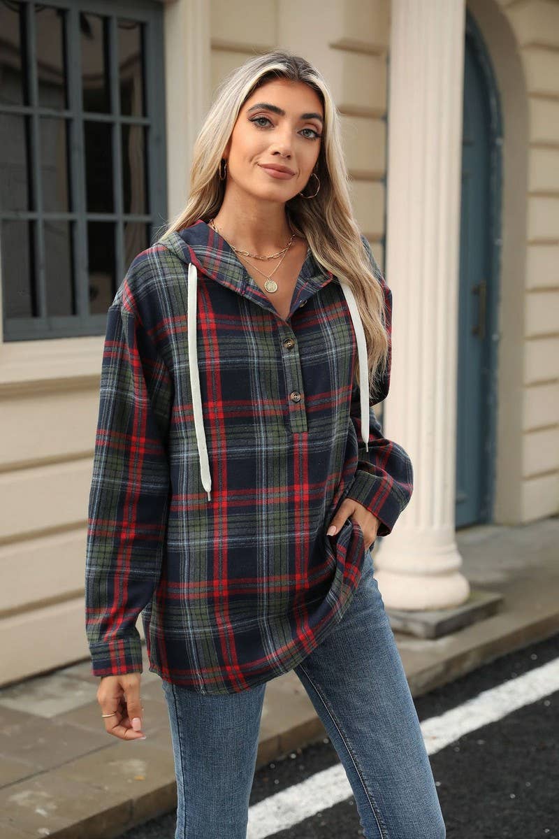 CWOHOL1113_AUTUMN AND WINTER PLAID LOOSE HOODED SWEATSHIRT