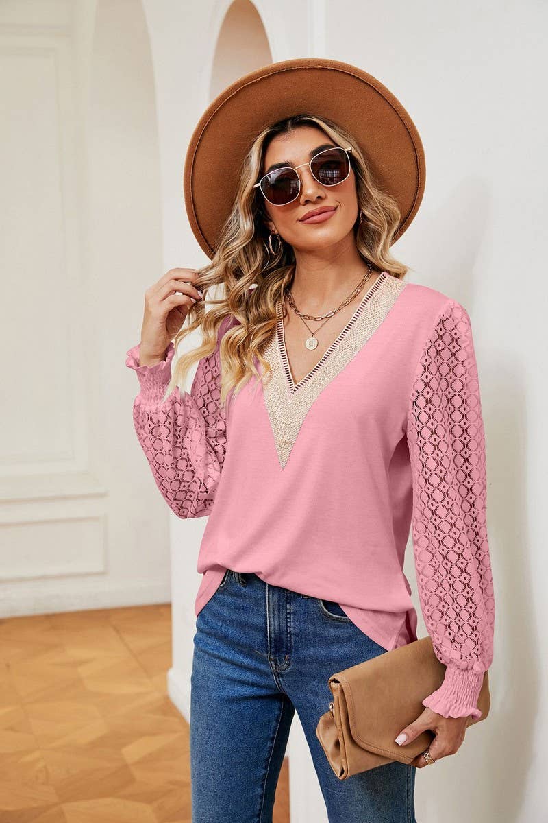 CWTBLL3665_V-NECK LACE PATCHWORK LONG SLEEVED LOOSE TOP