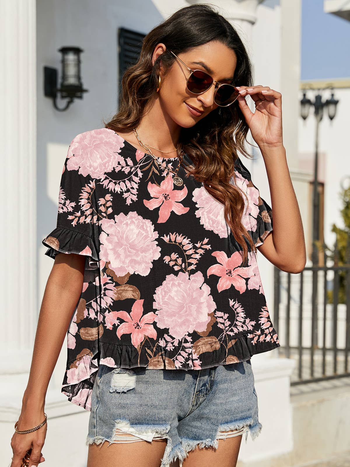 Crew neck short front long back casual loose top