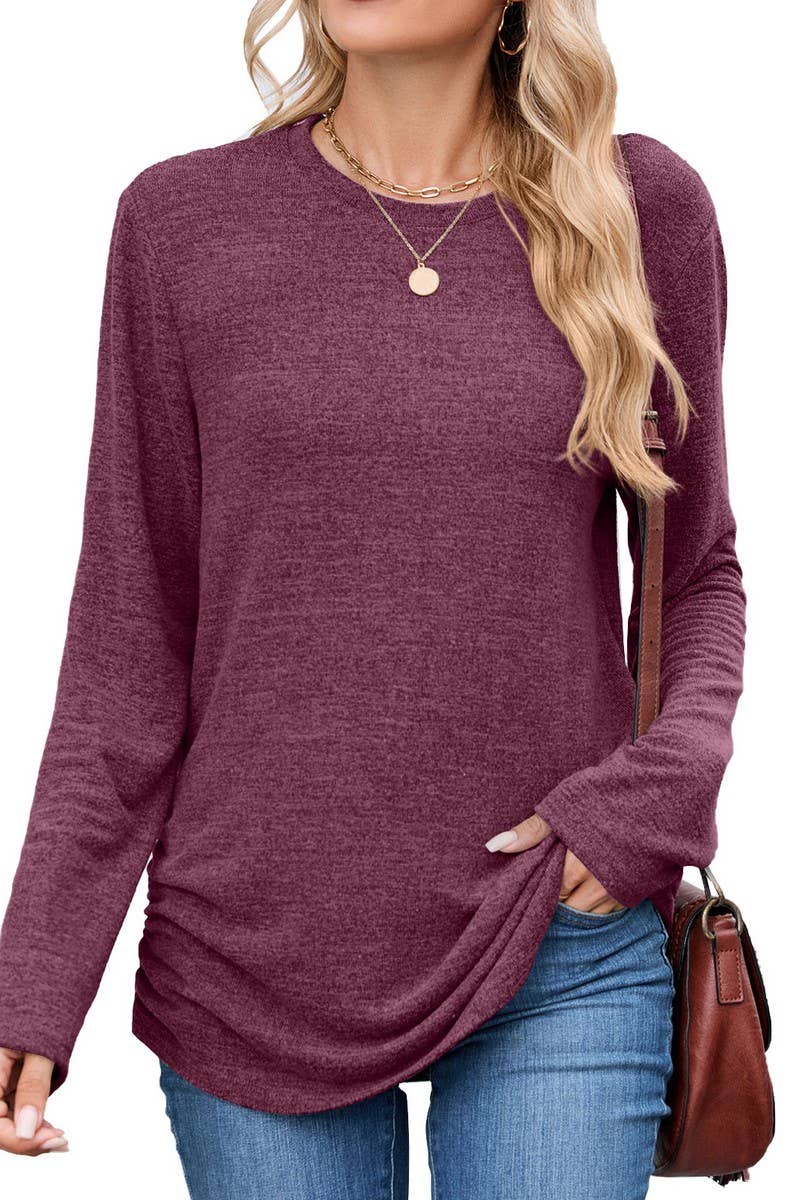 CWTBLL01304_COLORBLOCK RUCHED LONG SLEEVE CASUAL T SHIRT