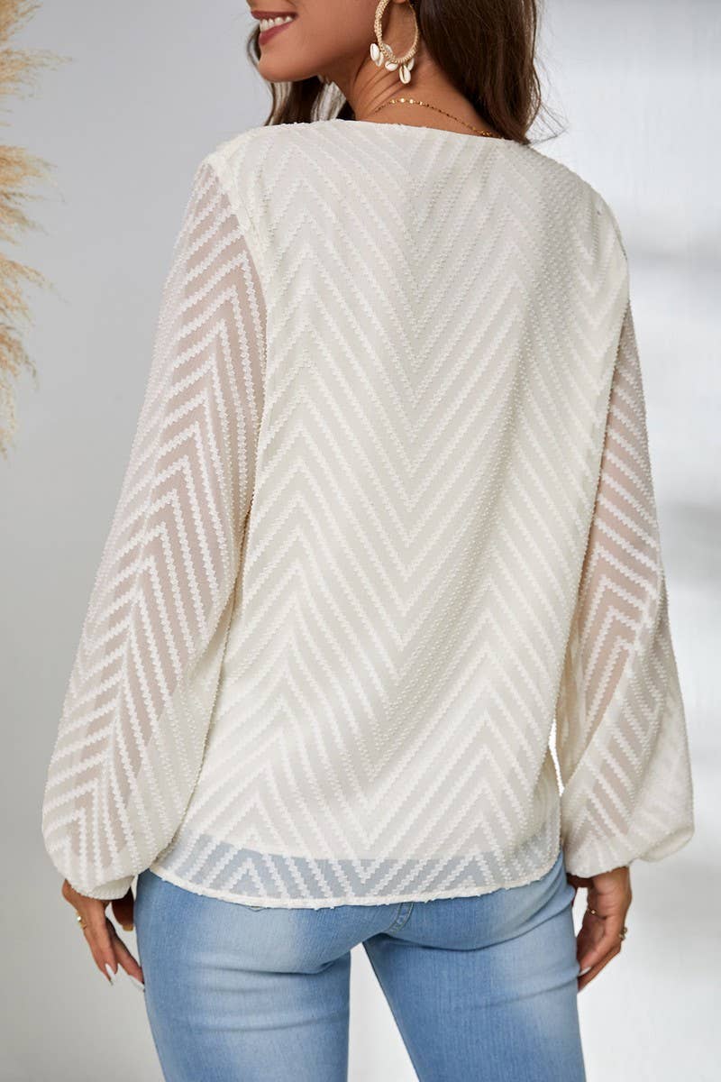 CWTBLL3848_SEMI-SHEER LONG SLEEVE JACQUARD PULLOVER SHIRT