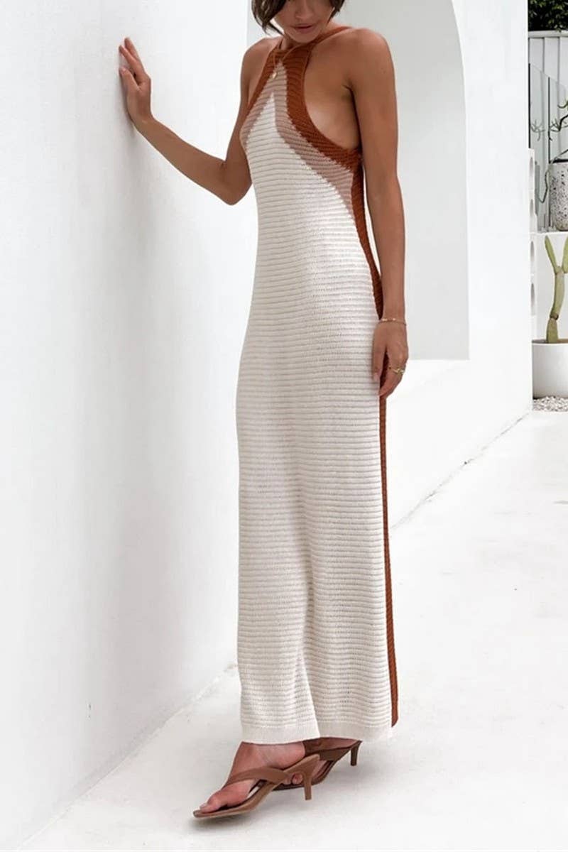 CWDMD1240_Crew Neck Sleeveless Knit Sweater Maxi Dress