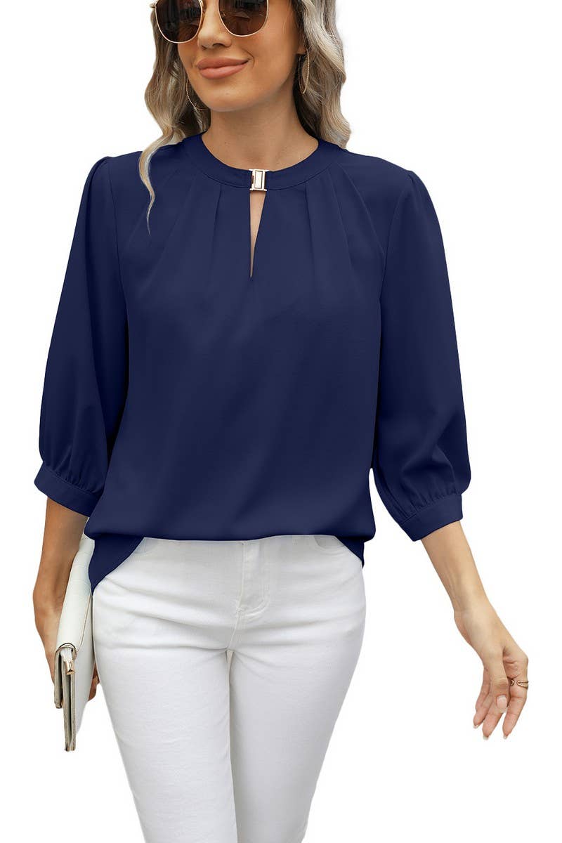 CWTBLL3673_KEYHOLE V NECK 3/4 SLEEVE LOOSE CHIFFON TOP