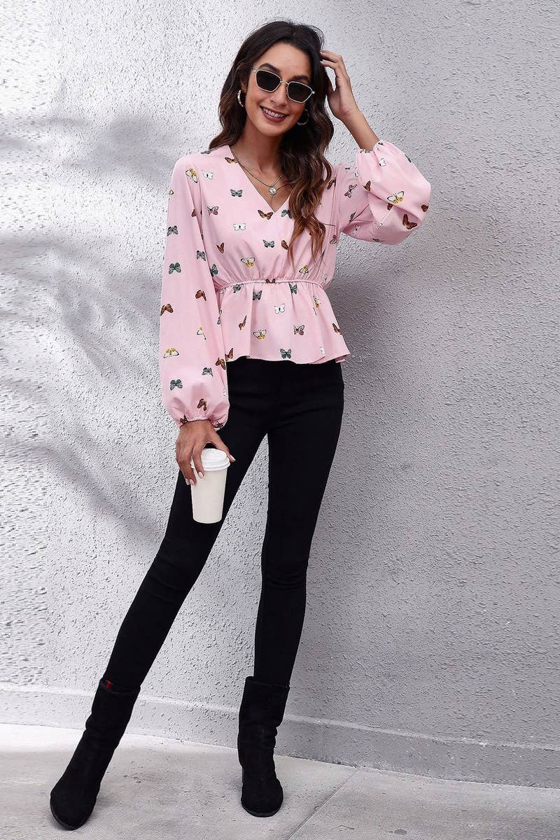 CWTBLL3749_V-NECK BUTTERFLY LANTERN SLEEVE WAIST TOP
