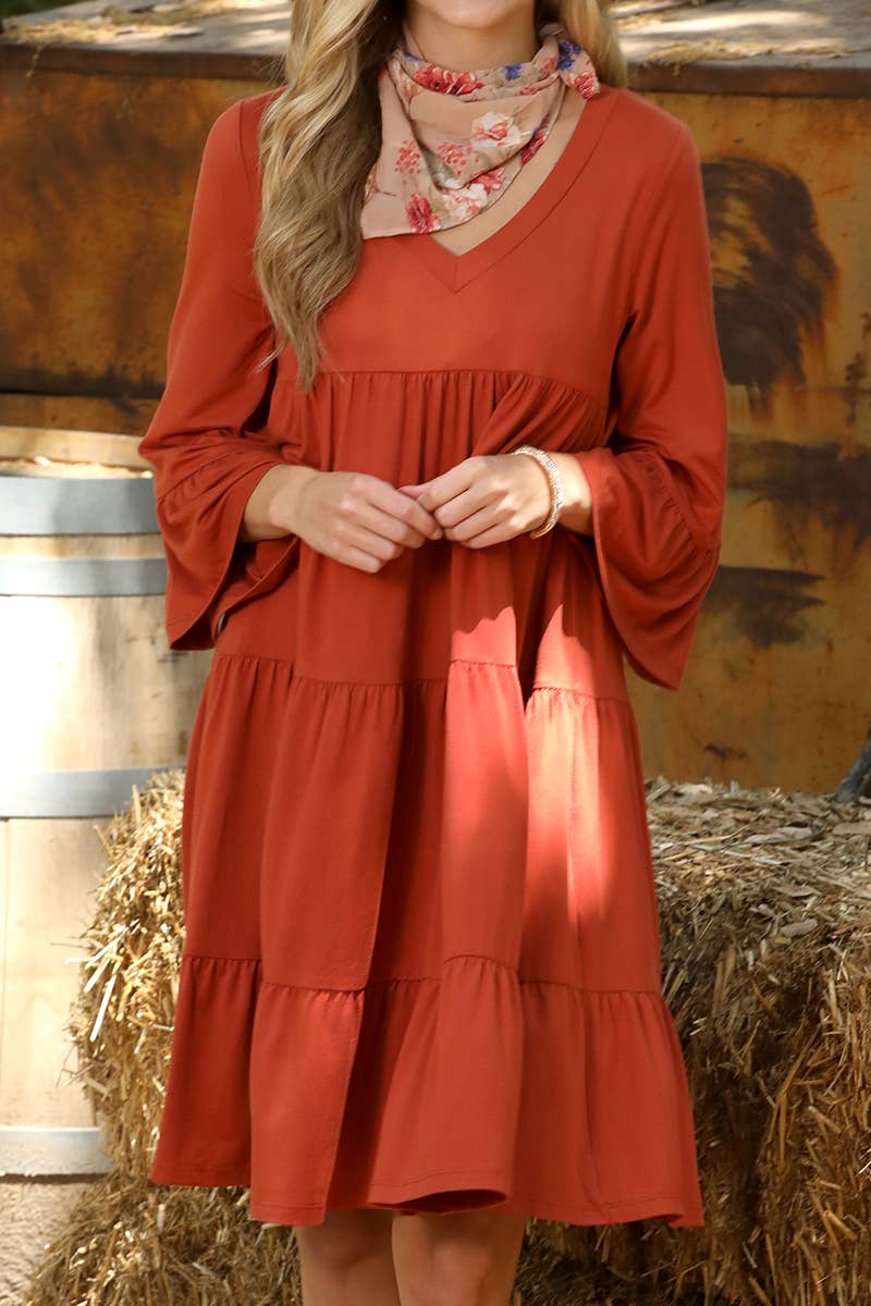 CWDSD10353_V NECK 3 TIERED WITH RUFFLE SLEEVE DRESS