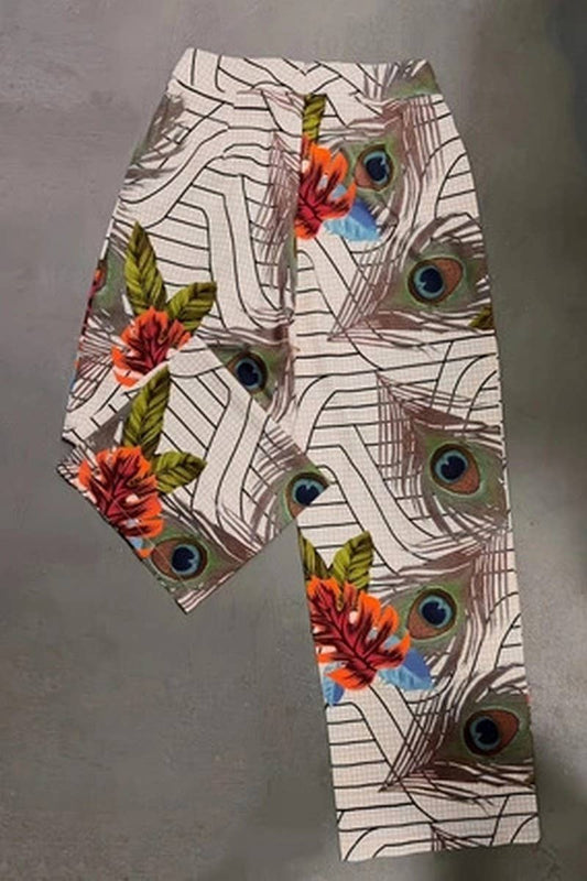 CWBLP1142_PEACOCK FEATHER PRINT LOOSE WIDE-LEG TROUSERS