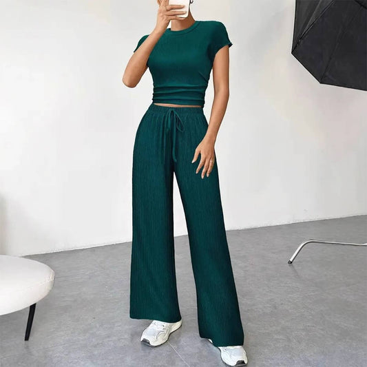 Crew-neck top casual elasticated waist pants suit