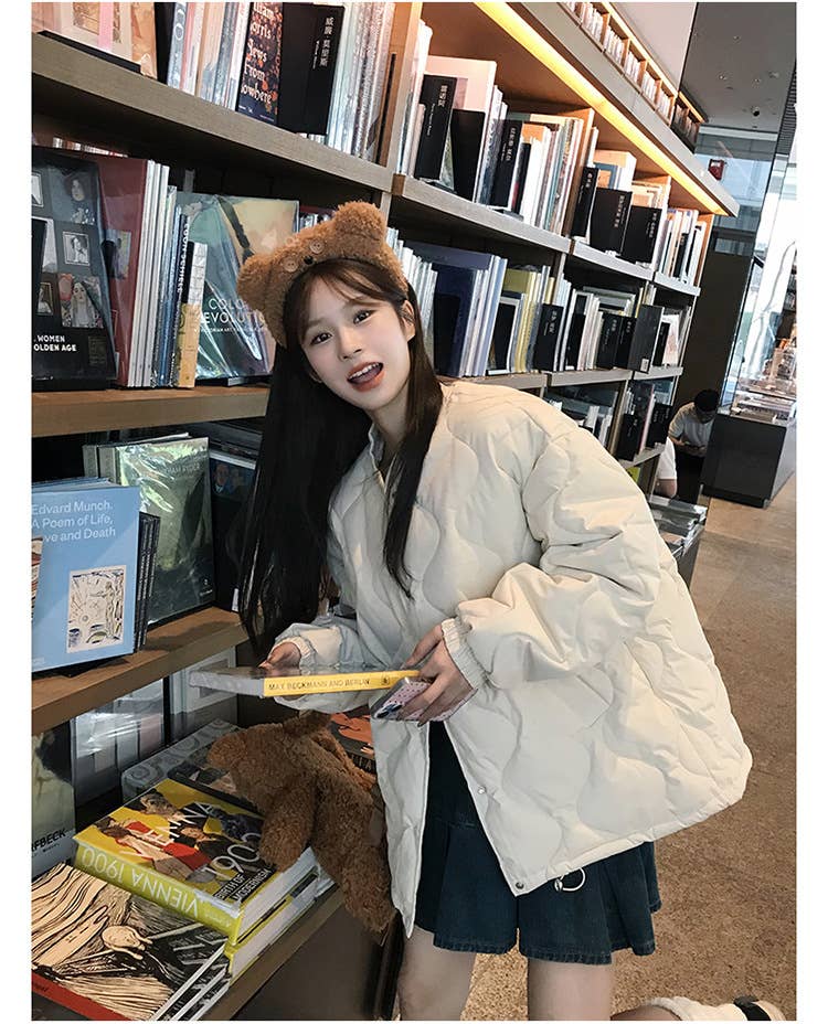 Collar diamond plaid thick padded jacket