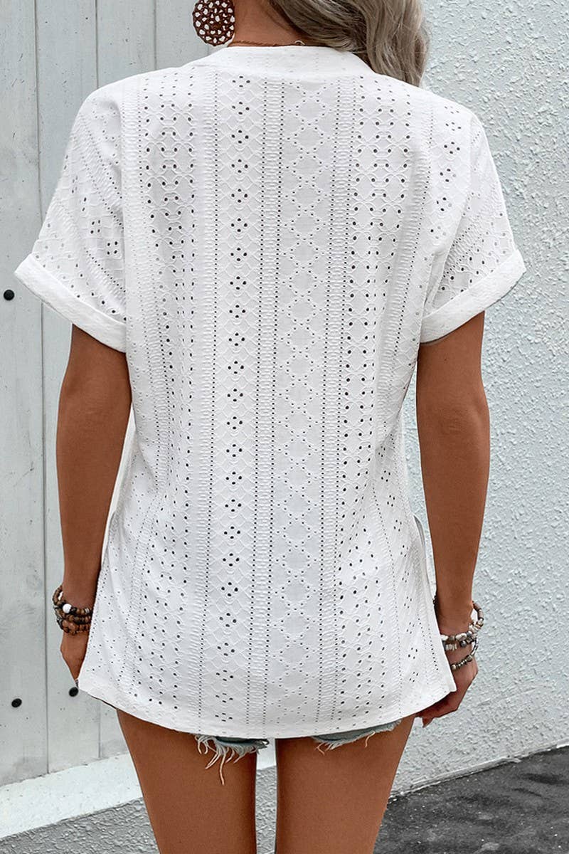 CWTBLS1635_SOLID COLOR T-SHIRT TOP V-NECK TEXTURED JACQUARD