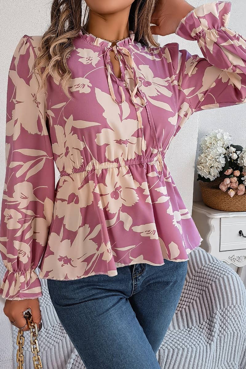 CWTBLL0954_CASUAL FLORAL LACE-UP LONG-SLEEVED CHIFFON TOP