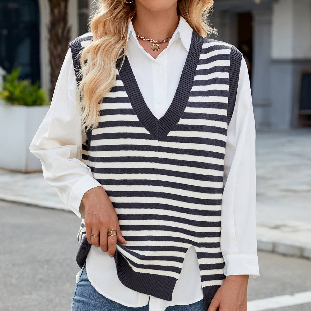 CASUAL V-NECK SPLIT SWEATER VEST VEST VEST
