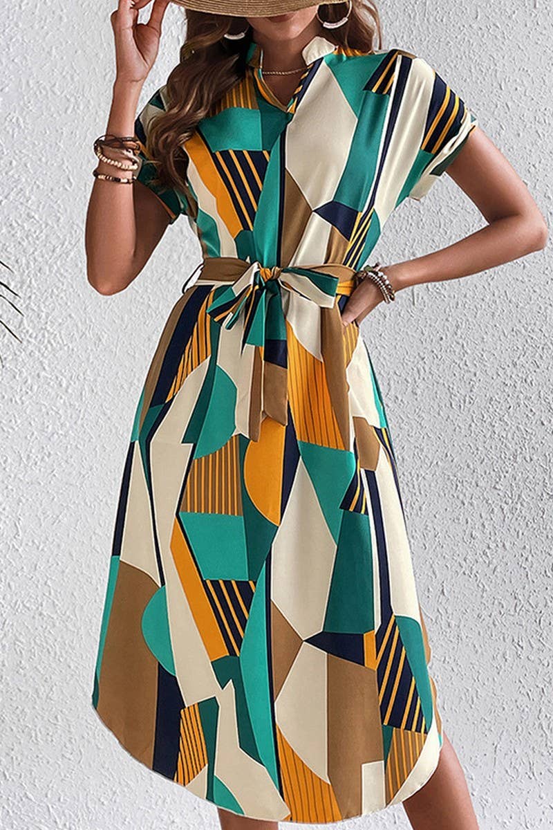 CWDSD7880_COLORBLOCK BELTED SHORT SLEEVE MIDI DRESS