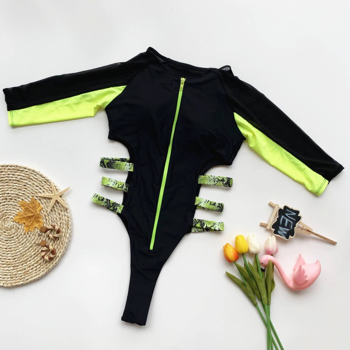 MESH HOLLOW LONG SLEEVE ZIPPER ONE-PIECE SWIMSUIT