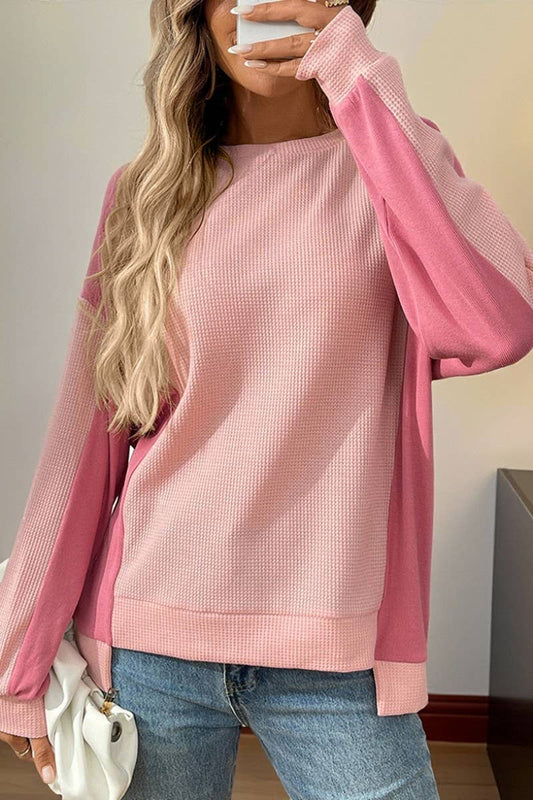 CWTBLL00833_COLORBLOCK CREWNECK WAFFLE KNIT LOOSE TOP