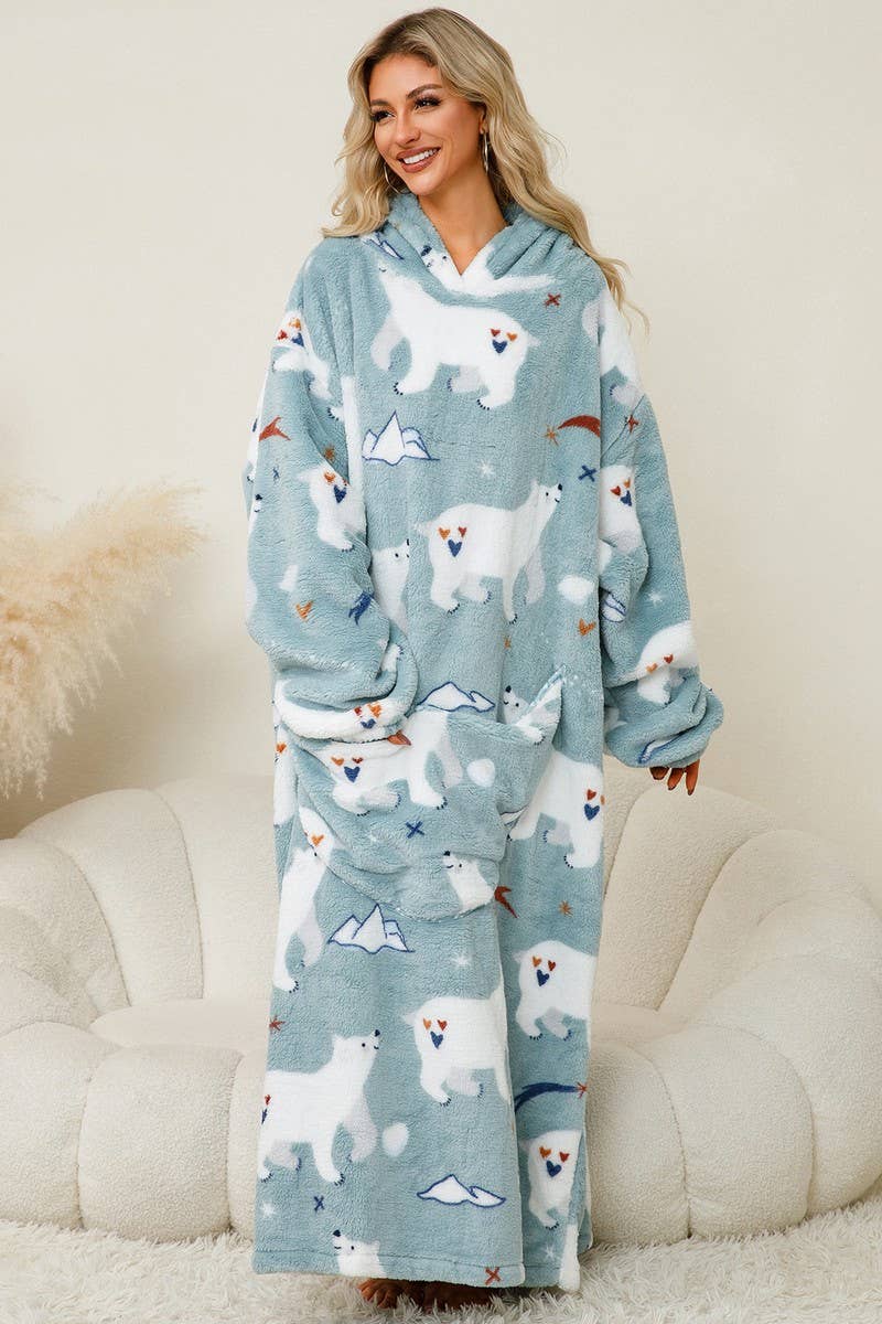 CWSPJ0141_THICK CORAL FLEECE HOODED LONG HOME ROBE