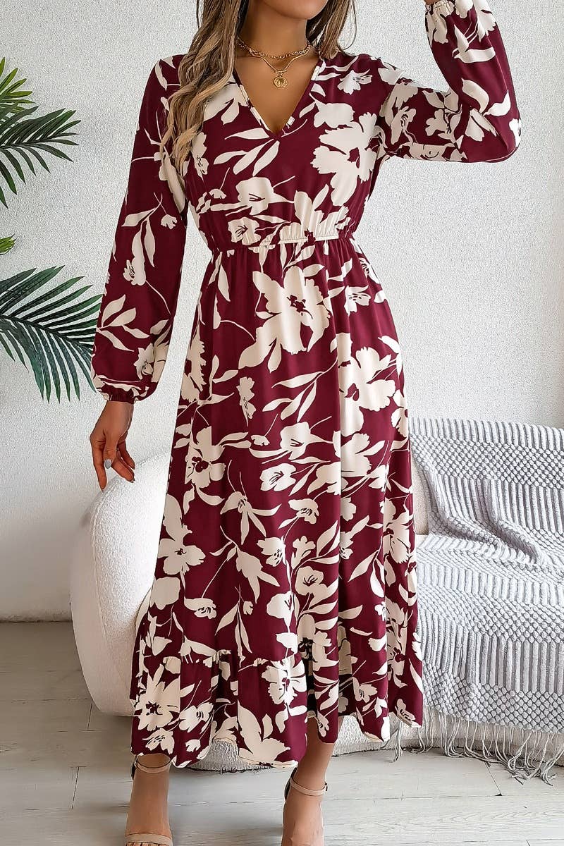 CWDMD3446_V-NECK PRINT LONG-SLEEVED DRESS WITH WAIST TUCKED
