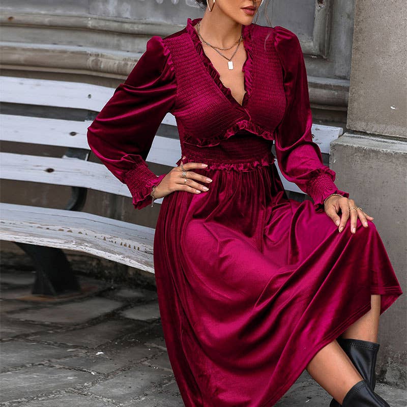 ELEGANT SPLICING WOODEN EAR EDGE VELVET DRESS
