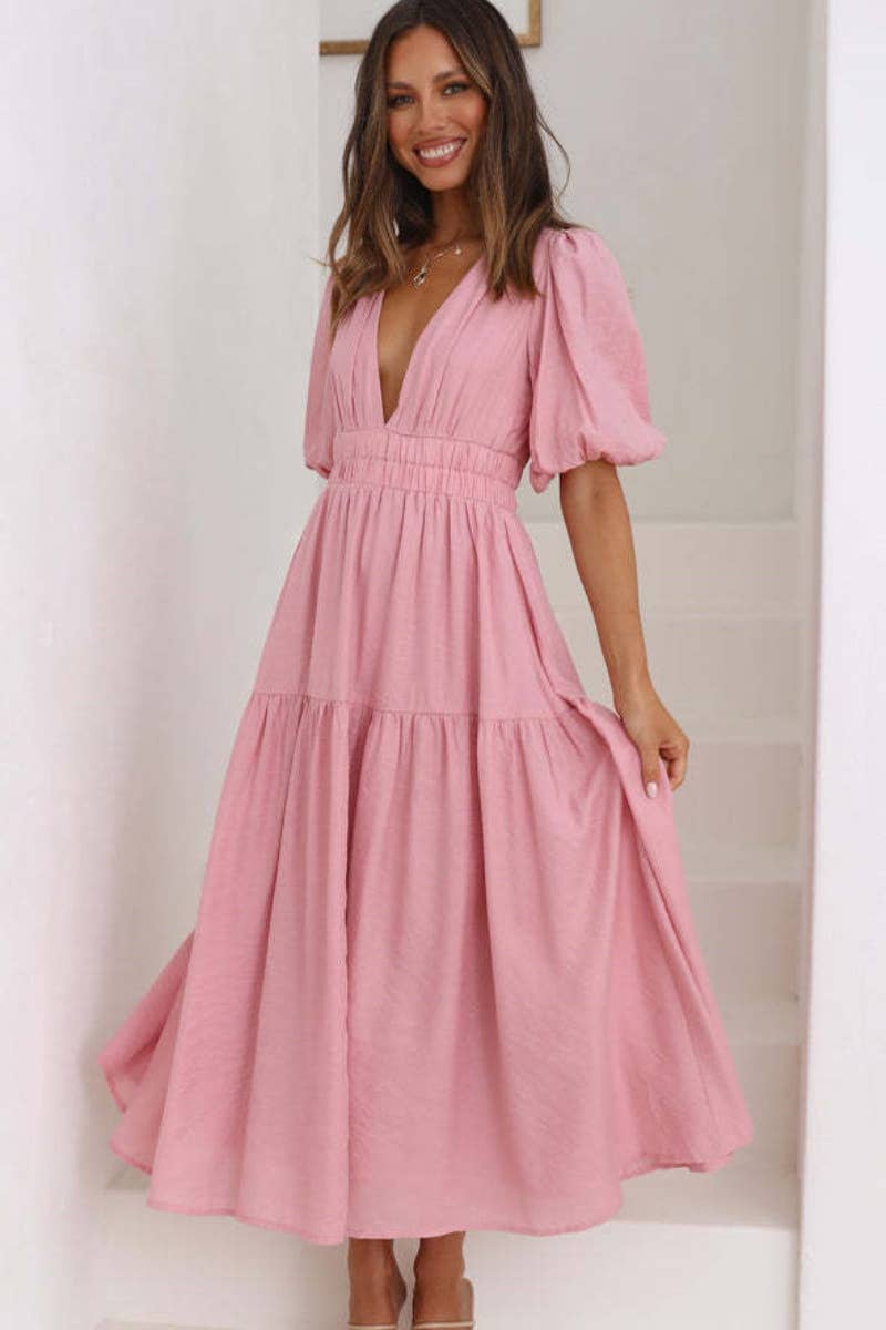 CWDMD1911_WOMEN'S SEXY DEEP V MID-SLEEVE LONG DRESS