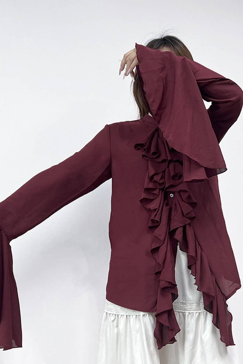 CWTBLL00603_BURGUNDY RUFFLED LONG-SLEEVED SHIRT