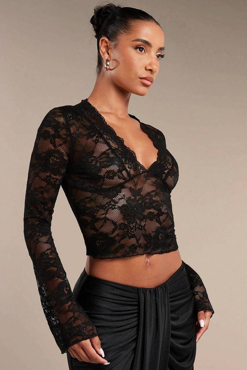CWTBLL3483_TRANSPARENT LACE V-NECK FLARED LONG SLEEVE TOP