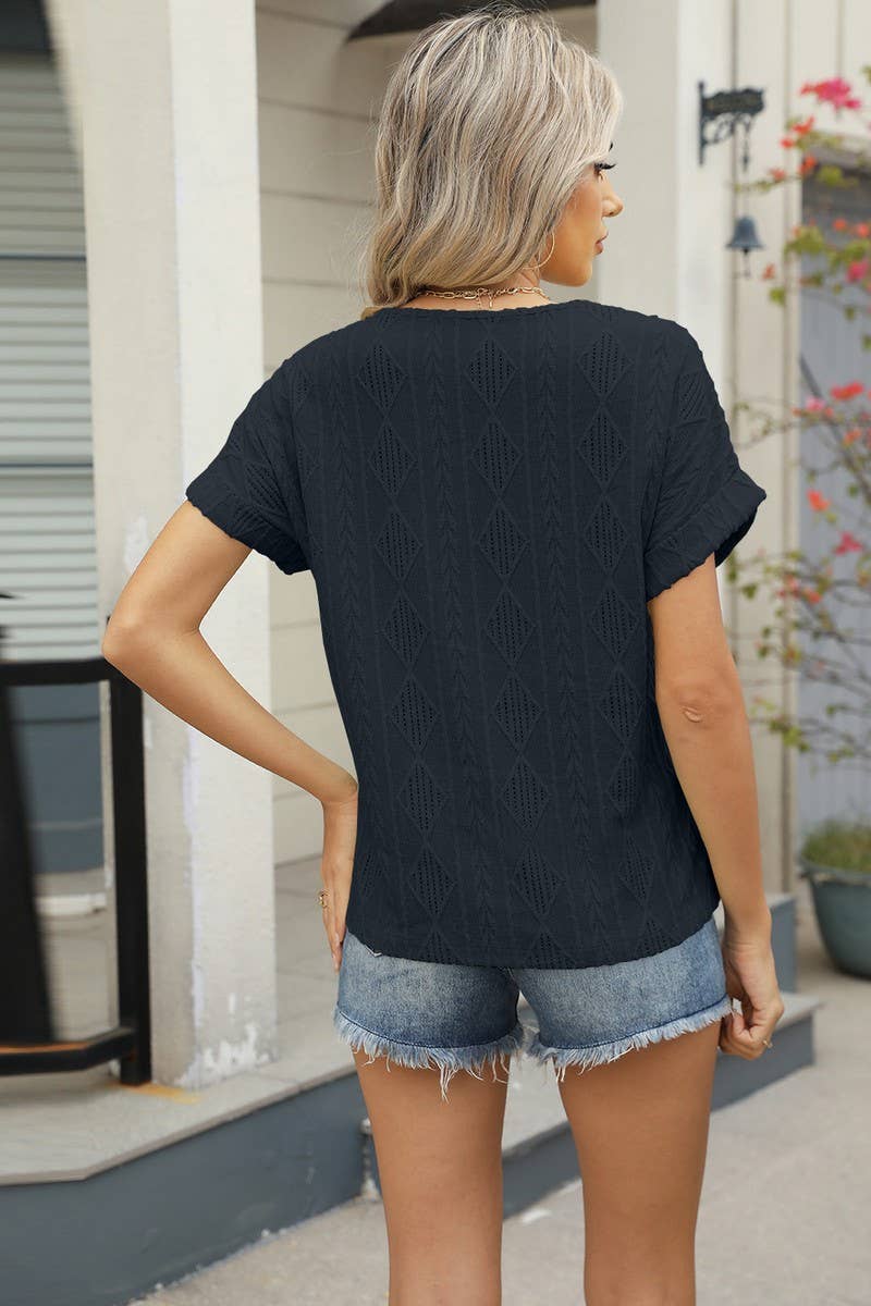 CWTBLS1704_V-NECK JACQUARD BUTTON SHORT-SLEEVED HOLLOW TOP