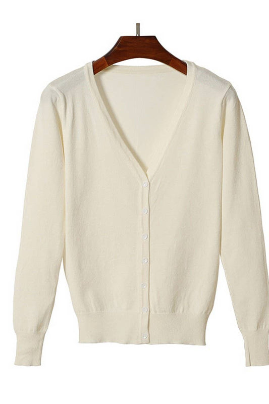 CWOCAL2074_V-NECK SOLID COLOR LONG-SLEEVED KNITTED CARDIGAN
