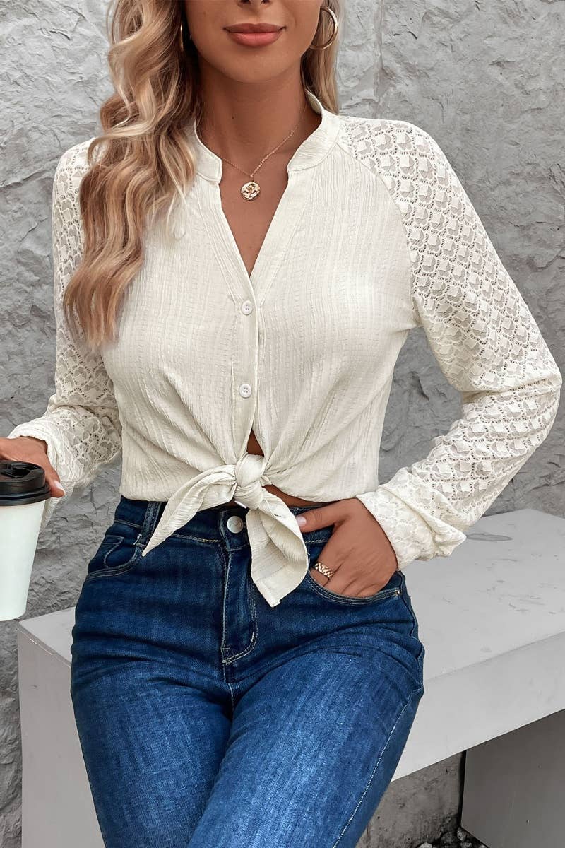 CWTSTL2290_V-NECK LONG SLEEVE LACE PATCHWORK SHIRT TOP