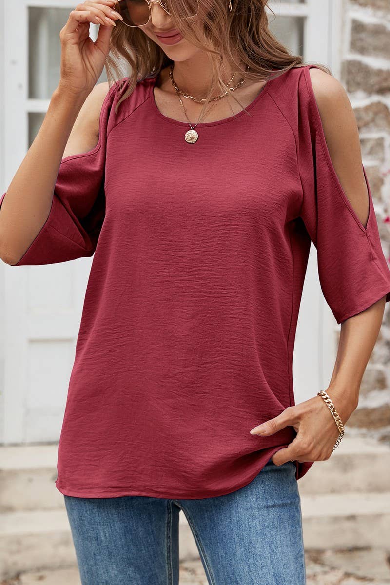 CWTBLS1803_ROUND NECK OFF-SHOULDER SHORT-SLEEVED TOP