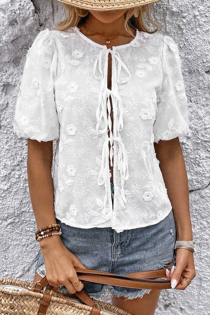 CWTBLS1994_BOW TIE JACQUARD EMBROIDERED SHIRT FOR WOMEN