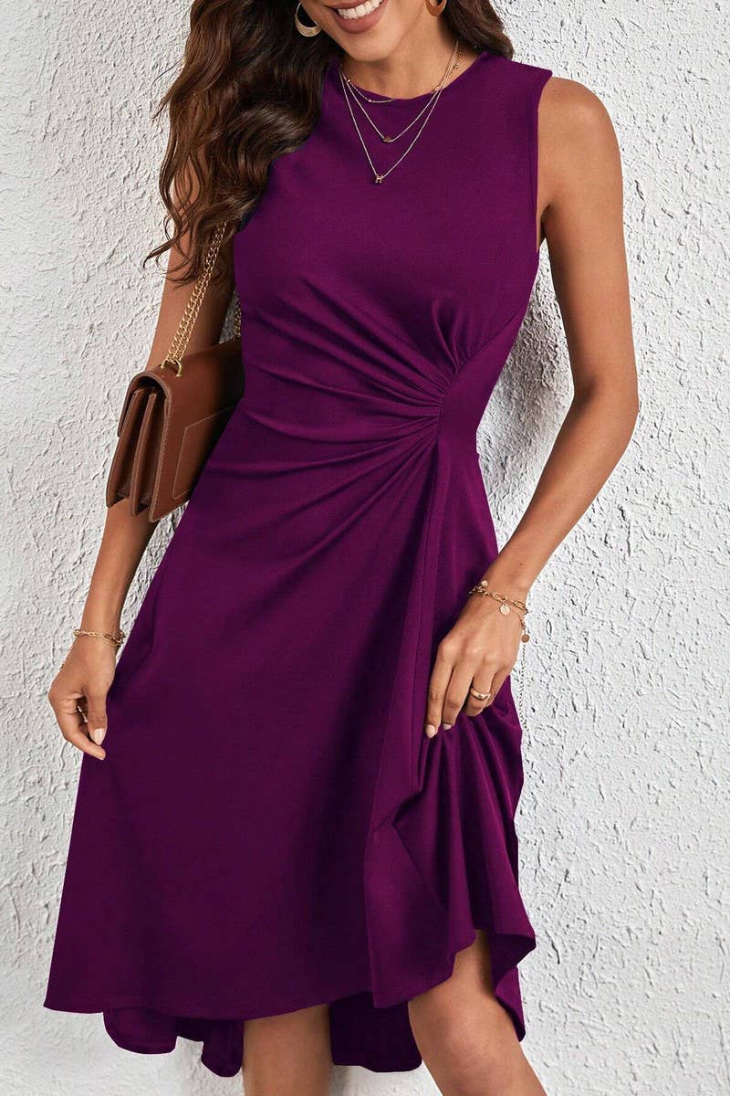 CWDSD7523_SUMMER FASHION SOLID COLOR CRUMPLED DRESS