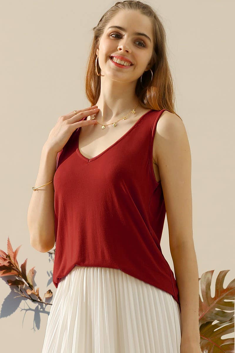 CWTTSL168_V NECK WIDE SLEEVELESS SOLID TEE SHIRTS TOPS
