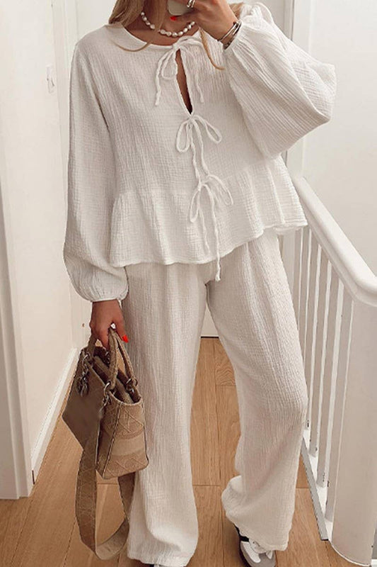 CWSTB00387_CASUAL LANTERN SLEEVE TIE TOP AND PANTS SET