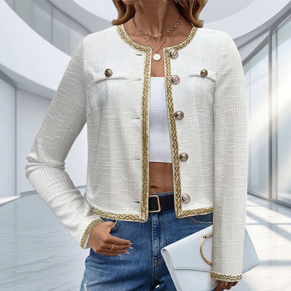 Elegant round-neck lace patchwork short coat