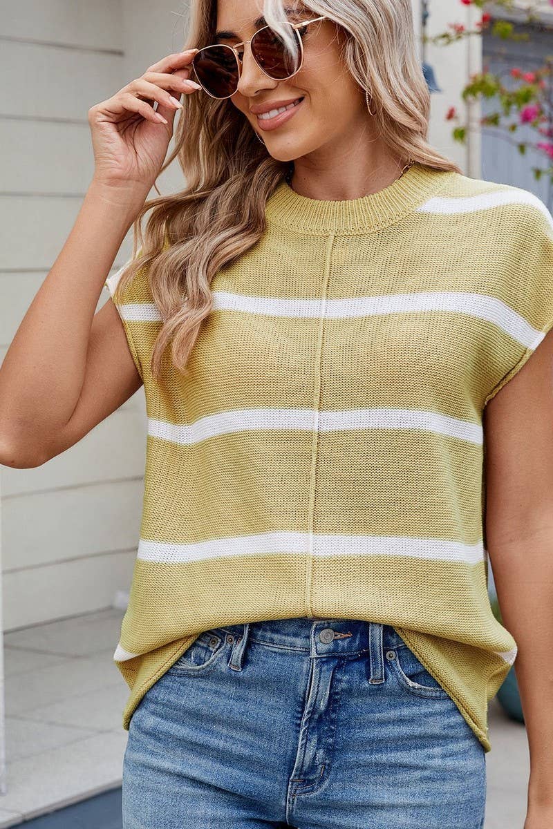 CWTBLS02493_STRIPED CREW NECK SHORT-SLEEVED KNITTED PULLOVER