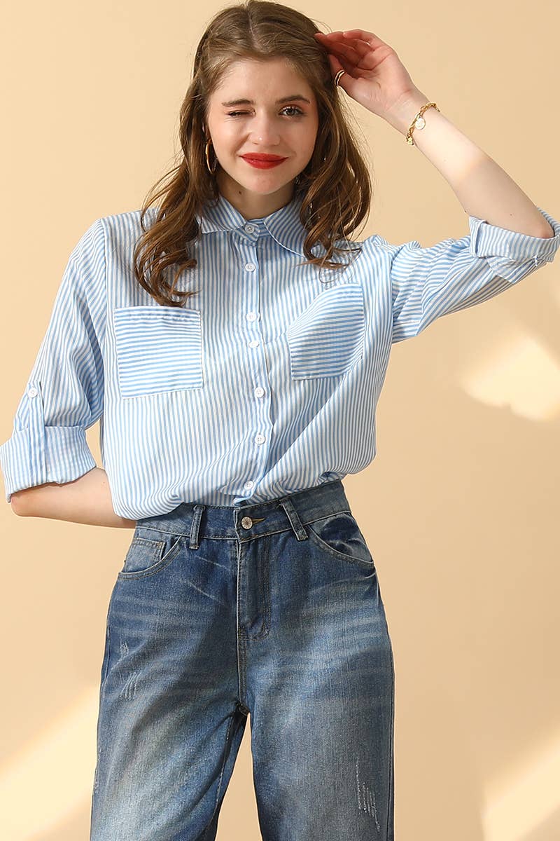 CWTSTL716_Striped Button Down Long Sleeve Collared Shirts
