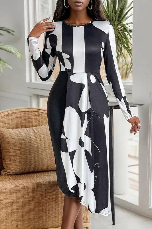 CWDMD4682_AUTUMN IRREGULAR PATTERN ROUND NECK SLIM DRESS