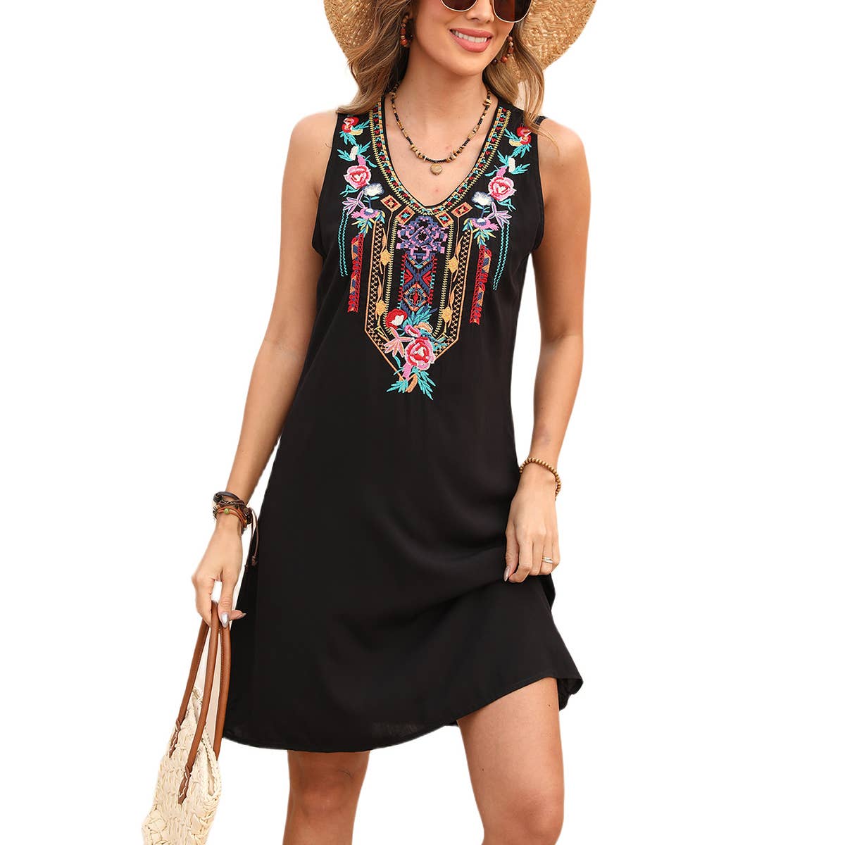 V-NECK EMBROIDERED FASHION TANK TOP DRESS - Missy Style
