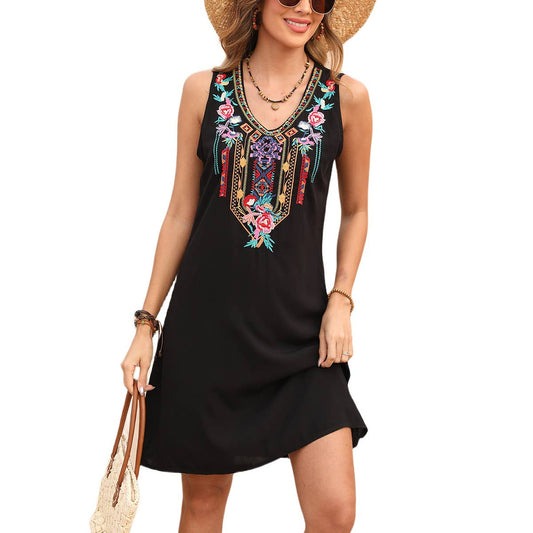 V-NECK EMBROIDERED FASHION TANK TOP DRESS - Missy Style