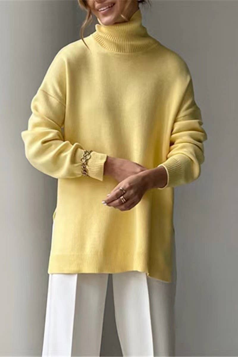 CWOSWL07651_SOLID COLOR HIGH COLLAR SLIT KNITTED TOP