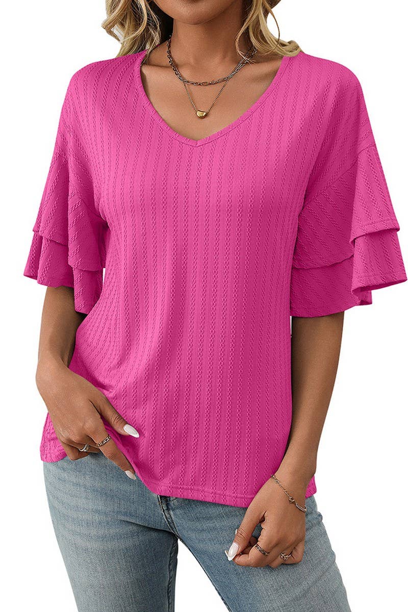 CWTBLS1713_SOLID COLOR V-NECK LOTUS SLEEVE T-SHIRT TOP