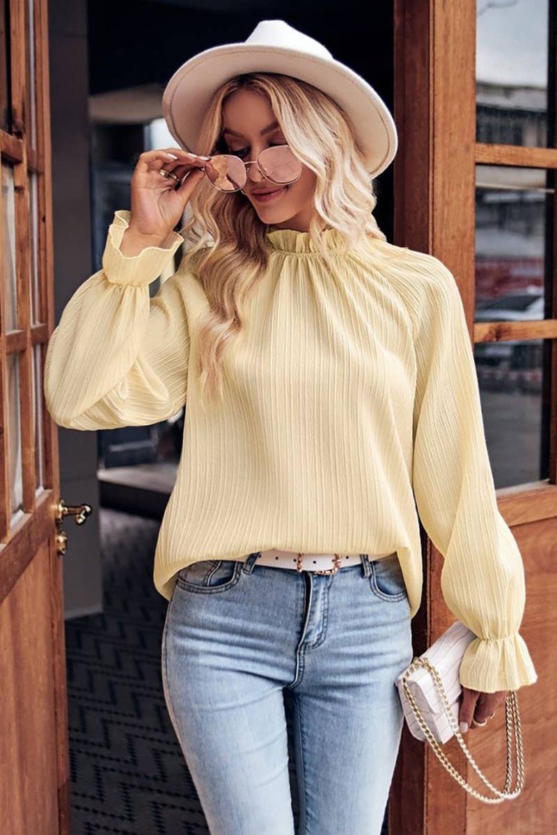 CWTBLL2484_RUFFLED COLLAR LONG-SLEEVED BAGGY TOP