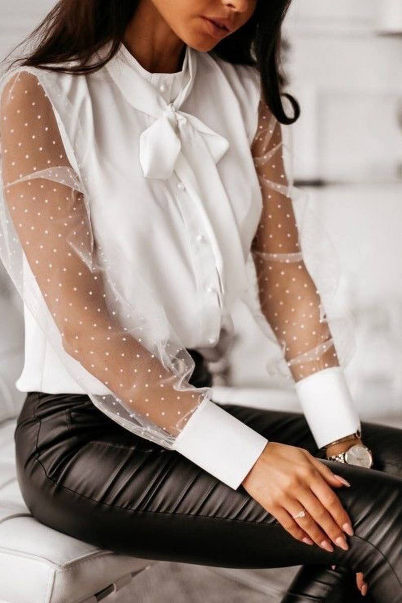 CWTBLL3014_SOLID COLOR MESH SPLICING BUTTON BOW SHIRT