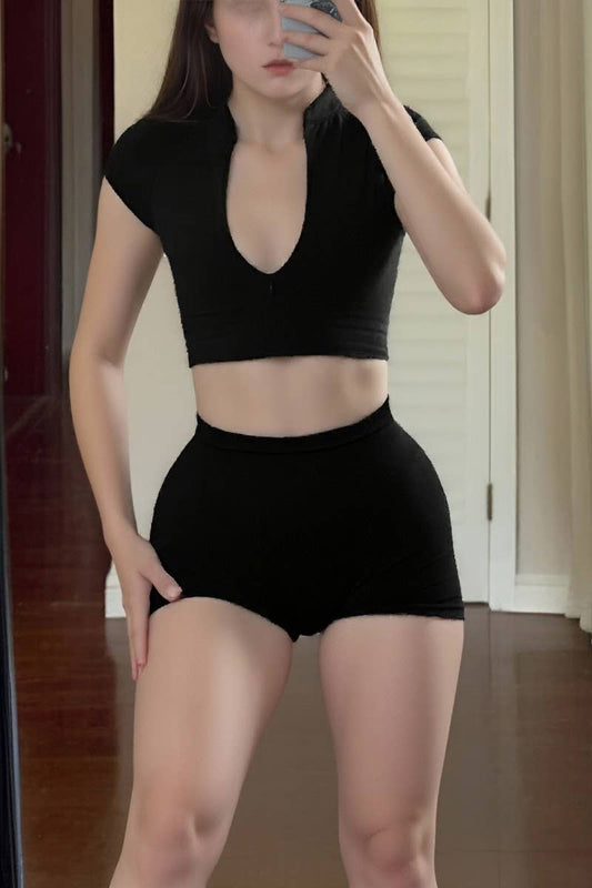 CWSS1290_SPORTY ZIPPER SHORT-SLEEVED SHORTS TWO-PIECE SUIT