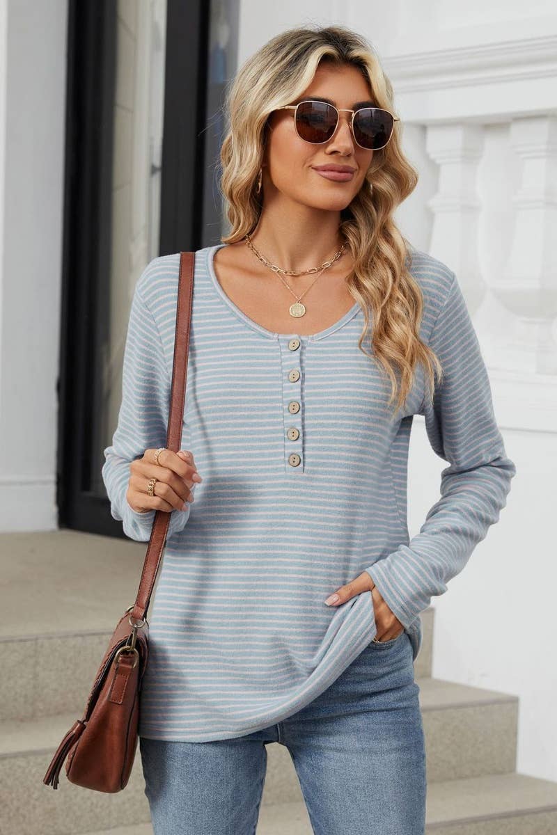 CWTBLL1890_CREW-NECK BUTTON-UP LONG-SLEEVED STRIPED TOP