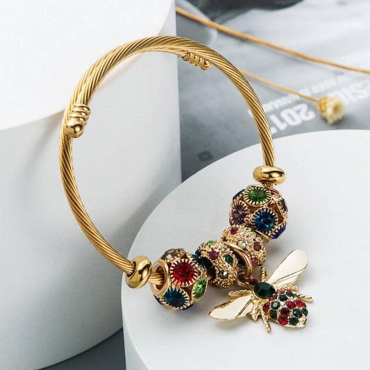 Gold Bee Charm Bracelet with Sparkle Beads