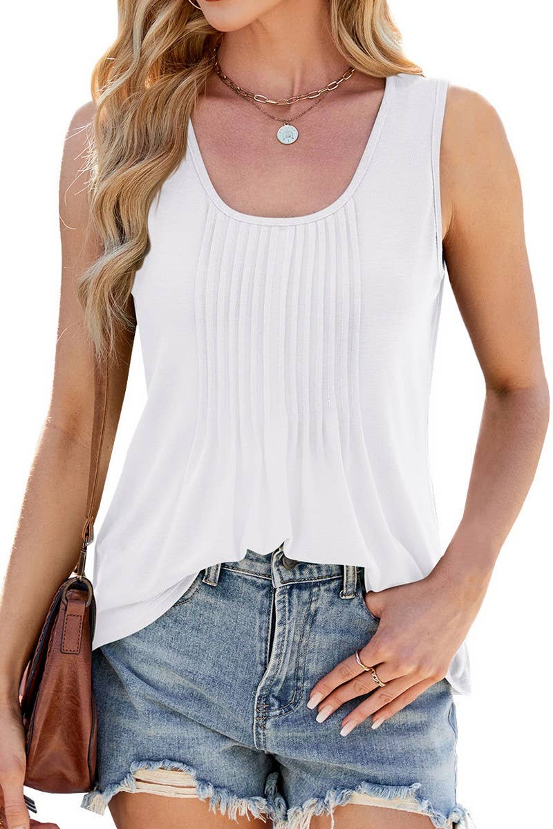 CWTTK1182_SOLID VERTICAL PLEATED CREW NECK LOOSE TANK TOP